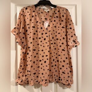 NEW Umgee Dusty Rose Polka Dot V-Neck Ruffle Sleeve Top